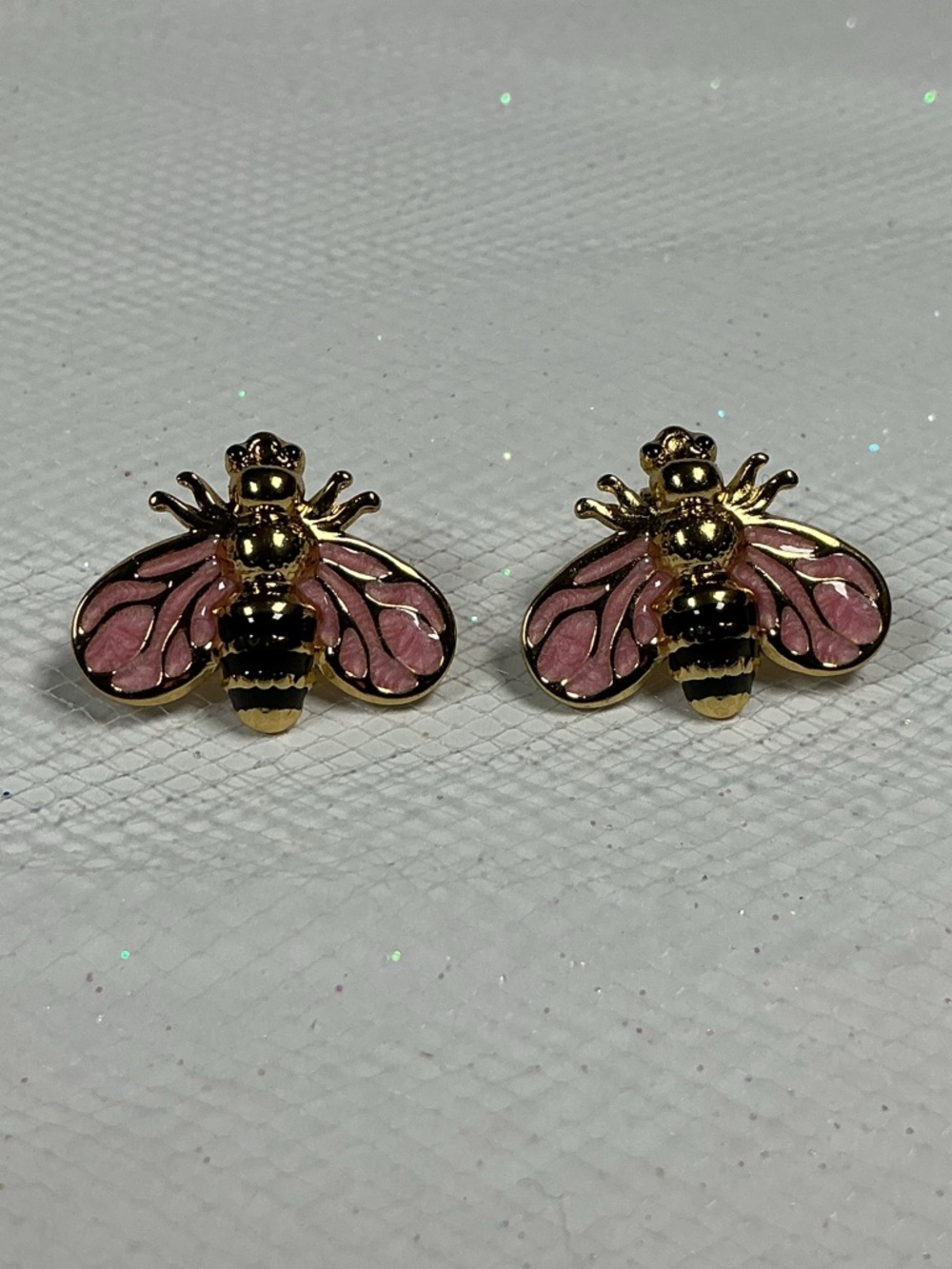 🐝 Gold Bee Earrings Pink & Black Enamel Painted Post Drop Hypoallergenic
